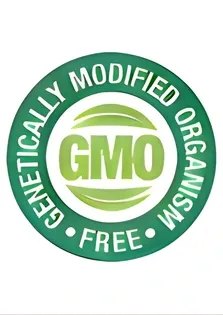Green circular badge reading genetically modified organism free around the letters GMO