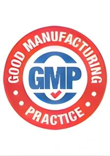Red circular badge reading good manufacturing practice around the letters GMP