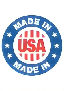 Blue circular badge with a USA shield, reading MADE IN across the top and MADE IN again across the bottom